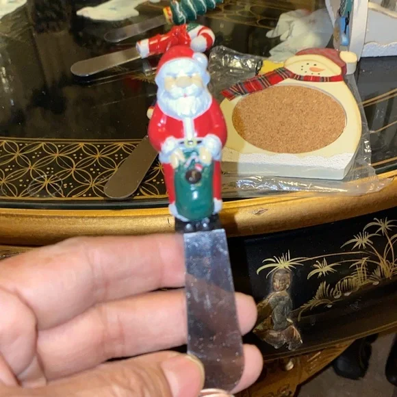 Vintage Christmas Cheese Knives 4 Wooden Painted Snowman Coaster Set 6 w/Holder - Picture 6 of 8